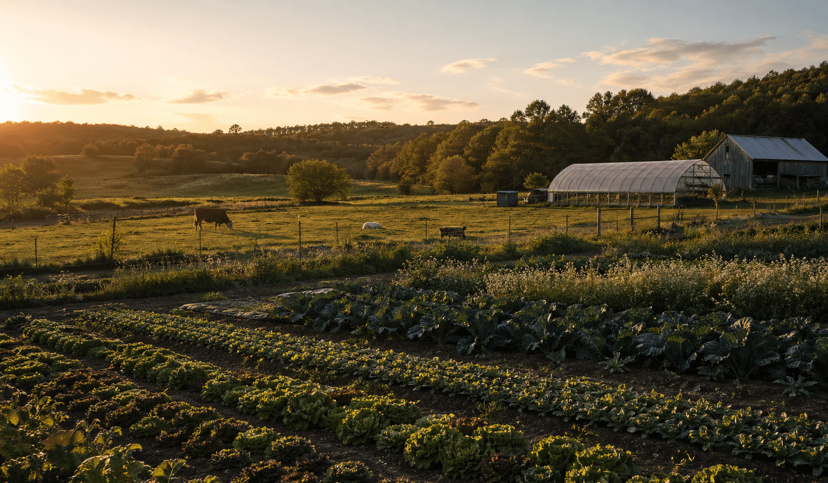 Working mid-scale farm at golden hour with mixed enterprises in view